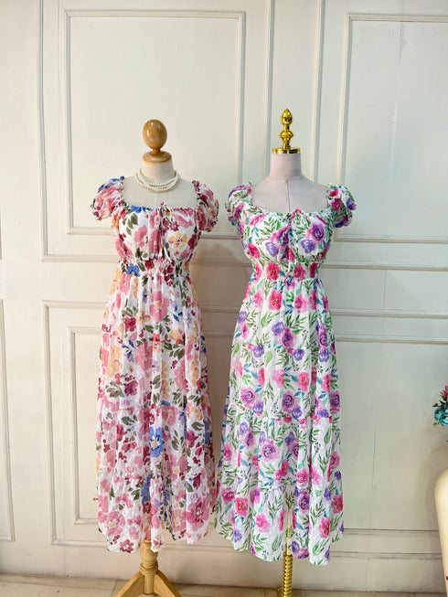 Spring Floral Square Neck Long Maxi Dress